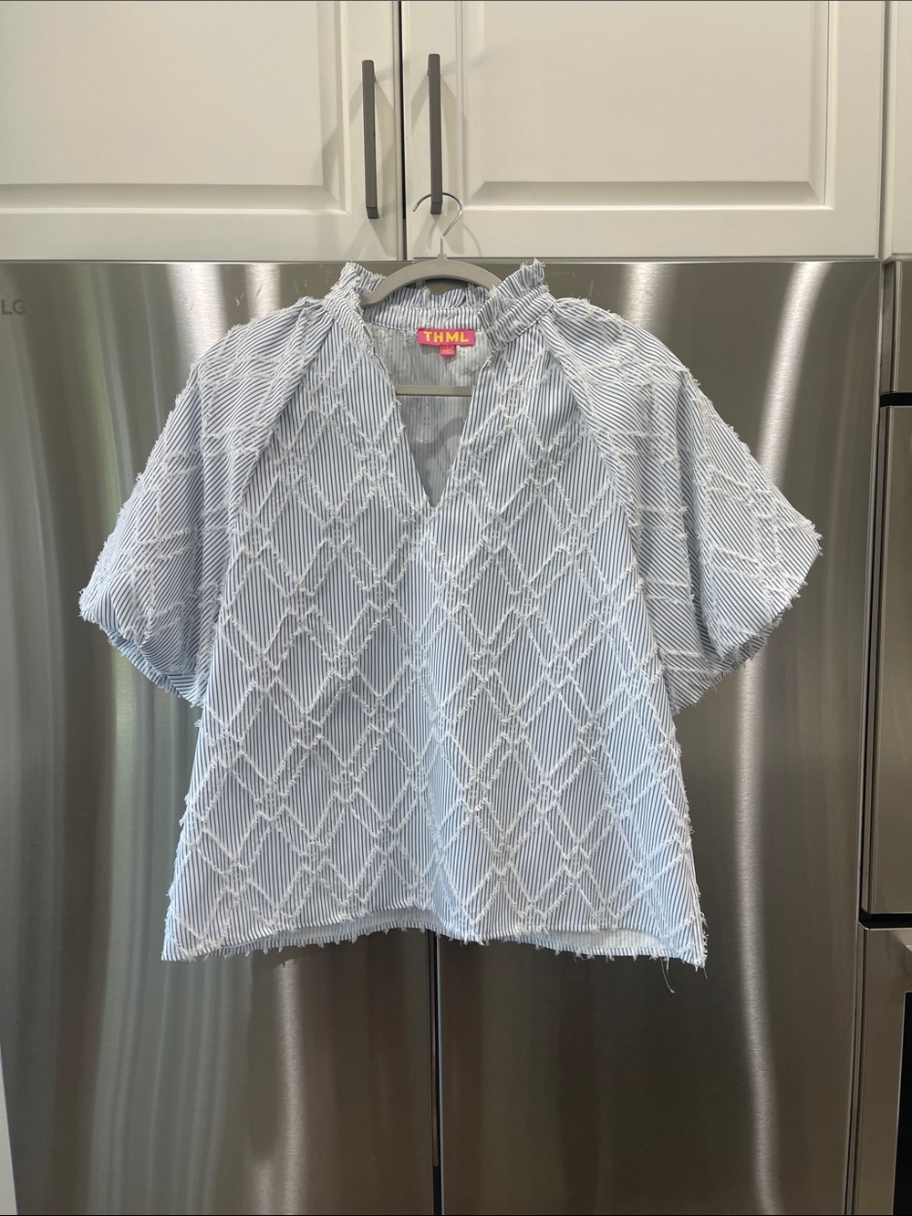 THML Pale Blue Textured V-Neck Short Sleeve Tunic Top